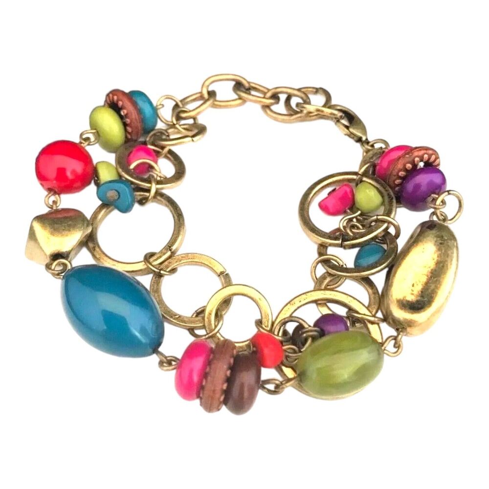 New Statement Bracelet Blue Green Pink Red Beads Antiqued Brass Tones  4E